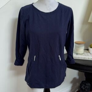 Karen Scott Sport Navy Cotton Boatneck 3/4 Cuffed Sleeve Tunic Length Top